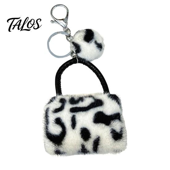 Key Ring with Pompom Leopard Print Plush Handbag Keychain, Mini Bag Pendant Retro Style Keychain Pompom, Backpack Decorative Accessory for Women Girls