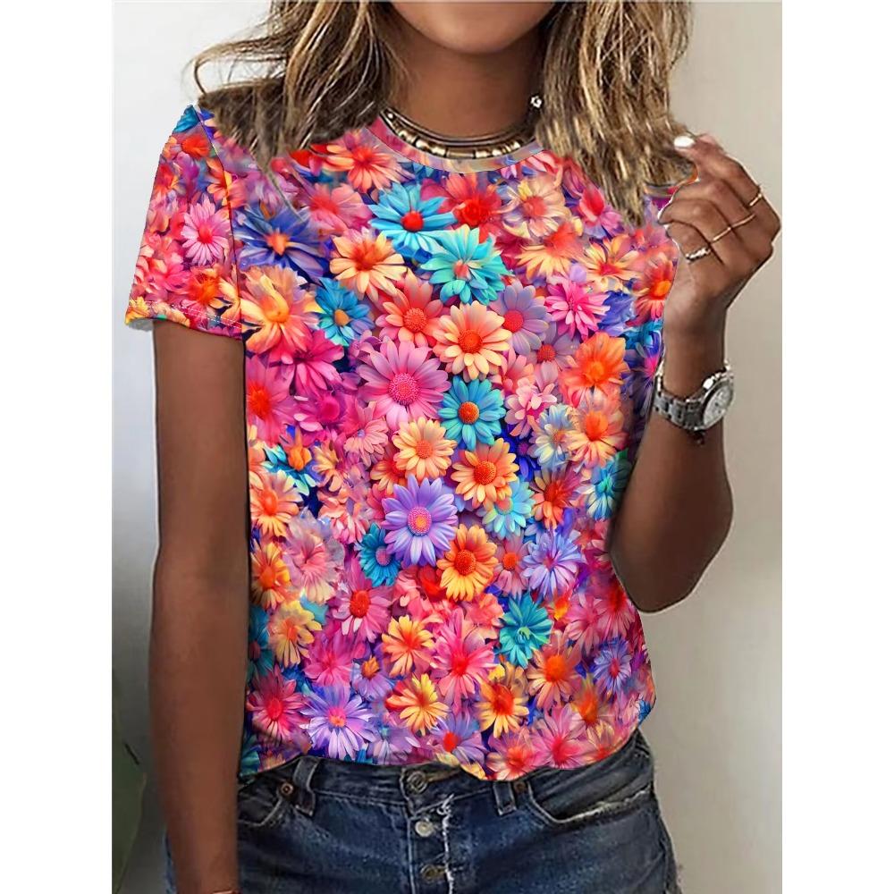 Sommer Blume Vogel 3D Druck T-Shirts Damen Streetwear Harajuku Lässige Mode Y2k Kurzarm T-Shirt O-Ausschnitt Tees Tops Kleidung