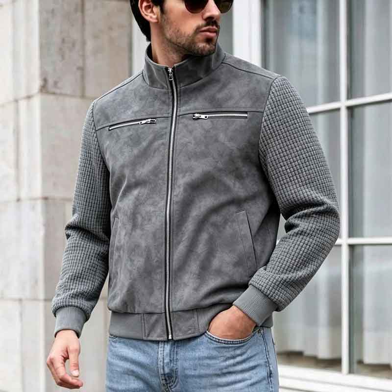 Men s Grey Faux Suede Waffle Knit Spliced Stand Collar Zip Up Bomber Jacket S