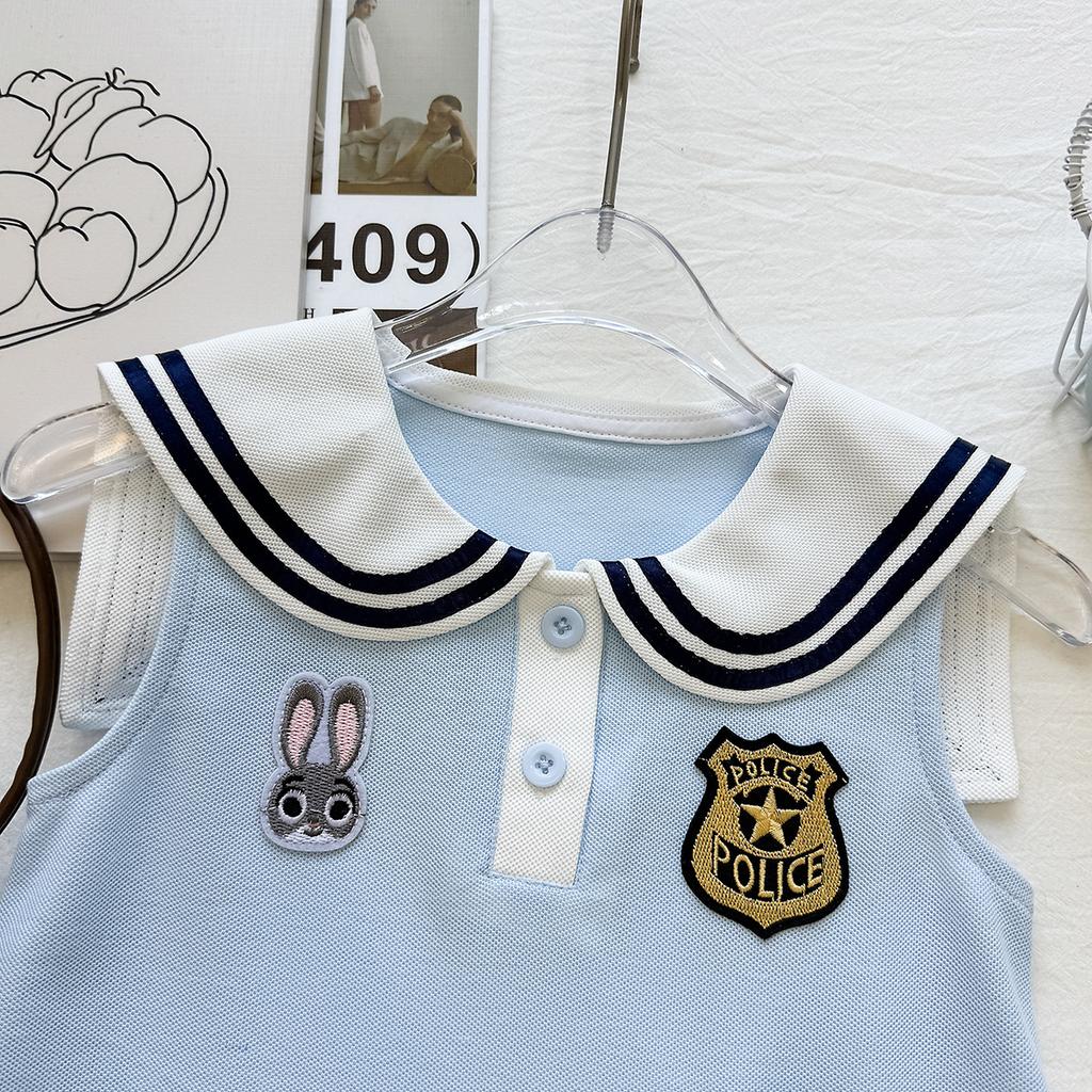 Summer Girls Sleeveless Pleated Dress Cartoon Applique Vest Dress Preppy Little Girl Casual Party Sundress