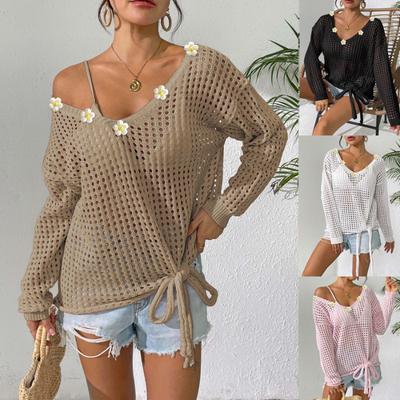 Women's V-neck Pullover Top Hollow Blouse Strappy Bow Outer Hand-crocheted Patchwork Loose Sweater