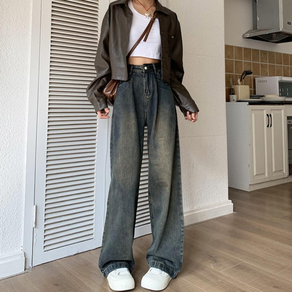 American Retro Wide-leg Jeans Women's Autumn and Winter New Small Cement Gray Loose Straight Jeans