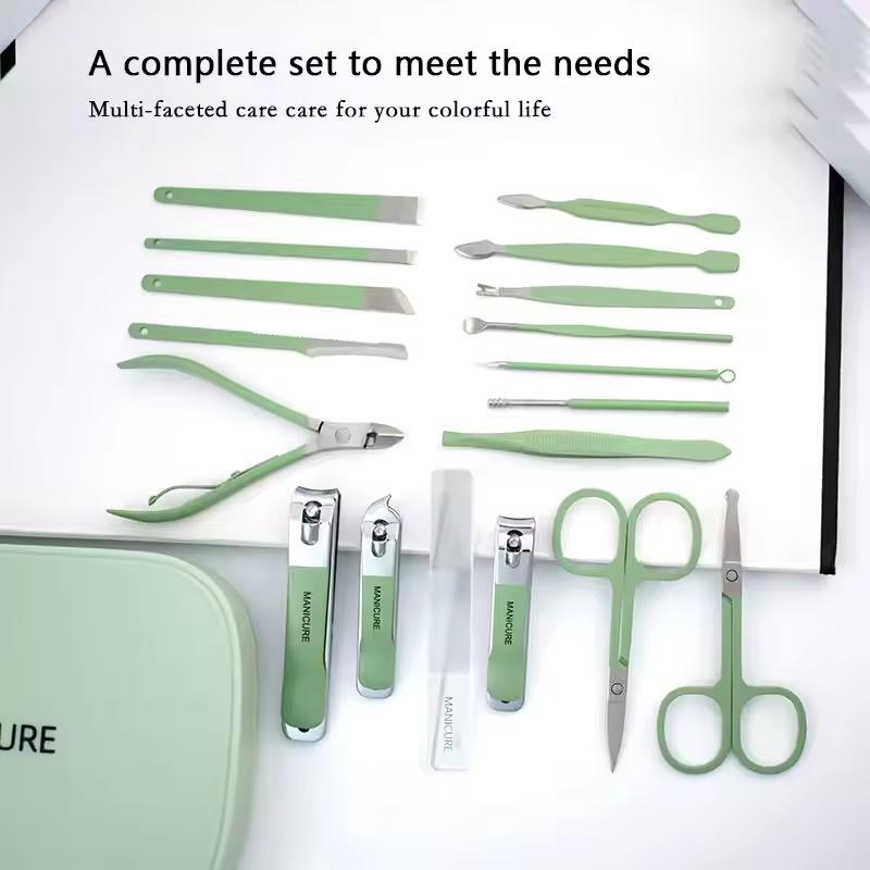18 Piece Deluxe Manicure & Pedicure Set Green And Blue Stainless Steel Nail Scissors, Clippers, Ear Digging Spoon Women for Men