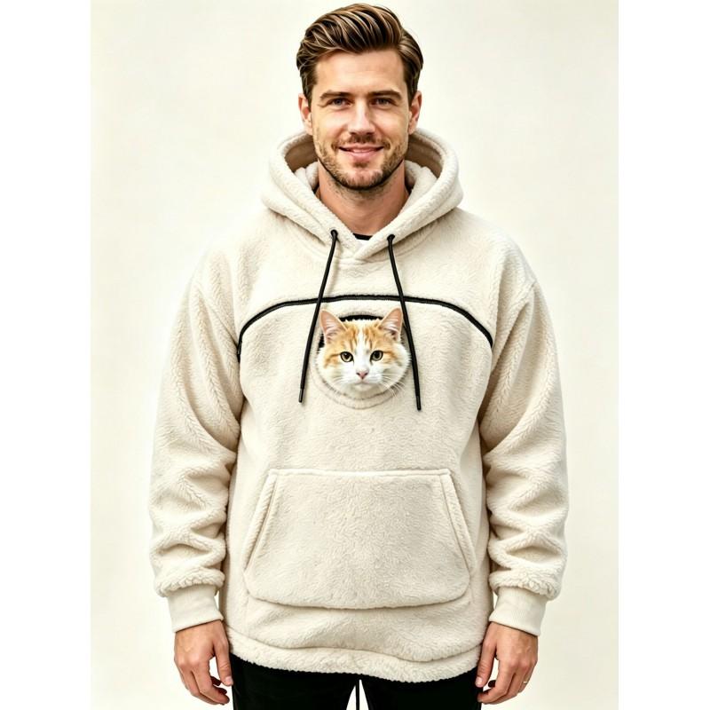 Mens Hooded Fleece Sweatshirt With Pet-Themed Pockets Warm Casual Long Sleeve Top Winter