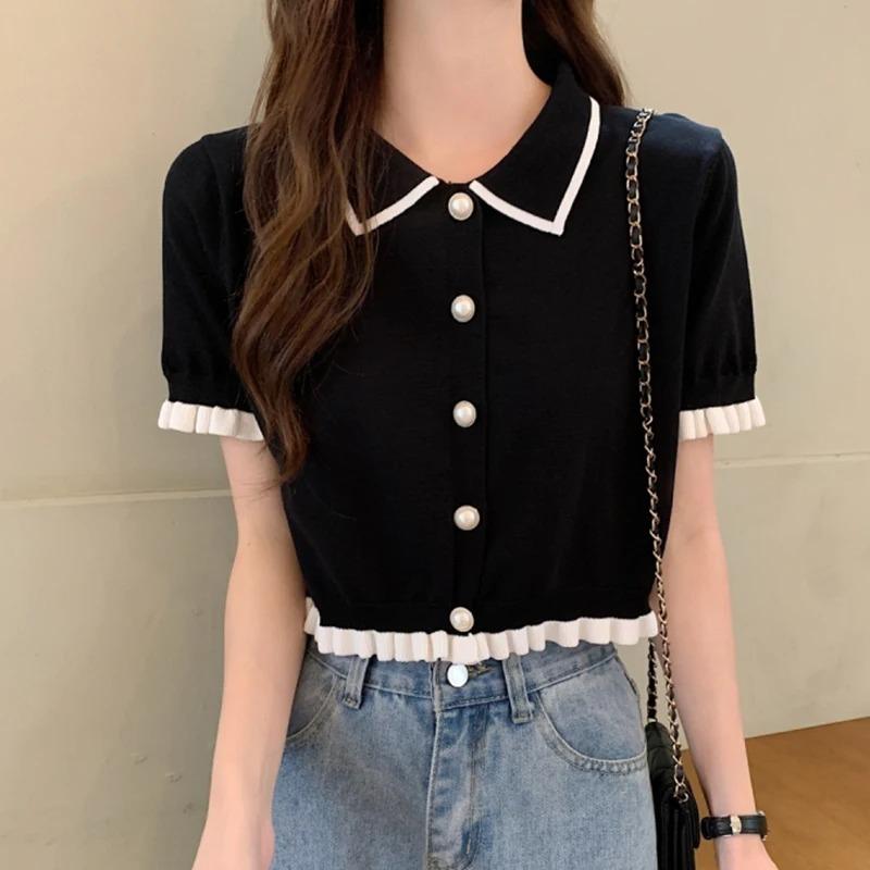 

Sweet Women Shirt Korean Knitted Turn Down Collar Short Sleeve Blouse Summer Retro Slim All Match Ladies Crop XS чорний