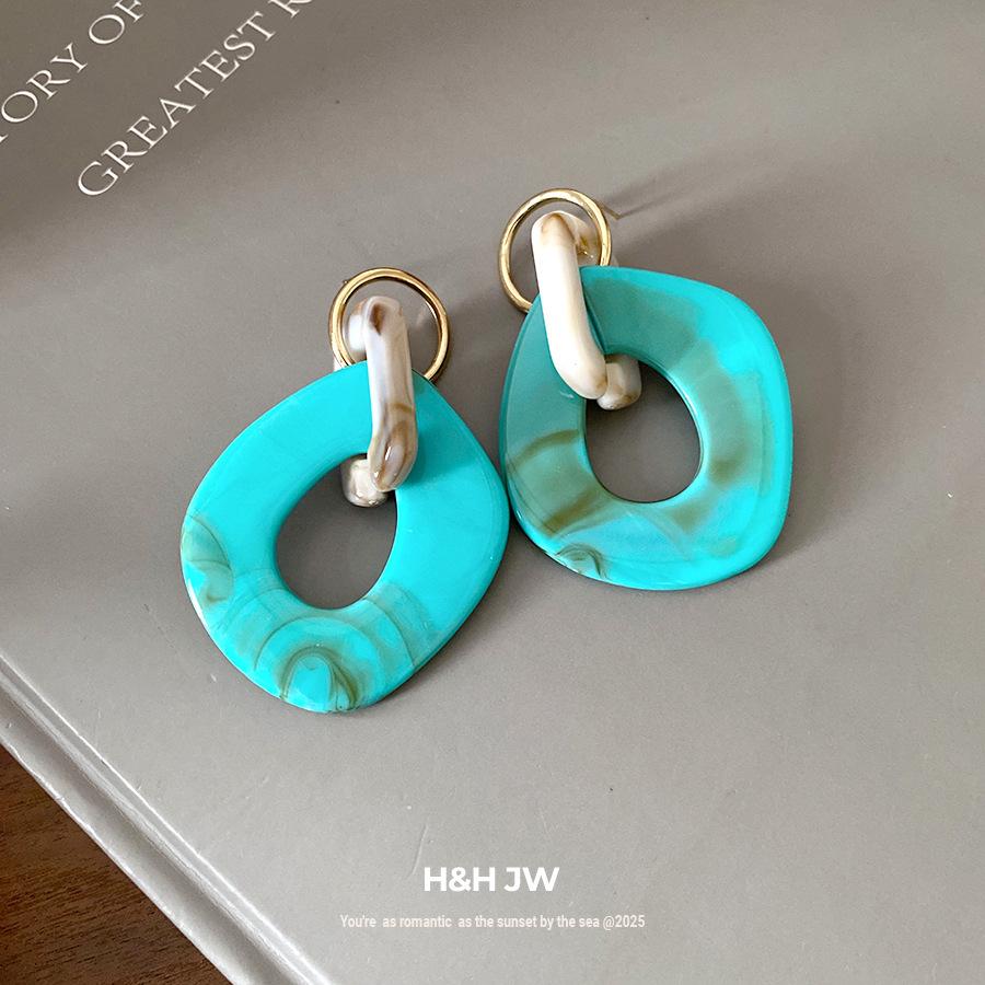 Silver needle geometric smudge resin stud earrings light luxury high-end earrings retro fashion temperament earrings design sense niche