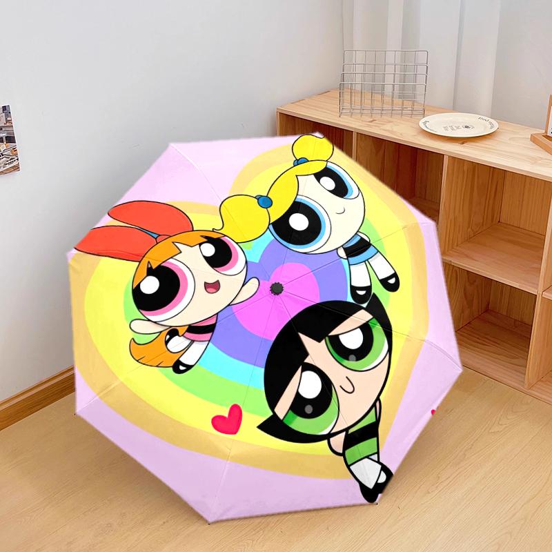 1PC The Powerpuff Girls Umbrella Portable Folding Umbrella Iron Frame Hole Bone Structure Outdoor Home Umbrella A7