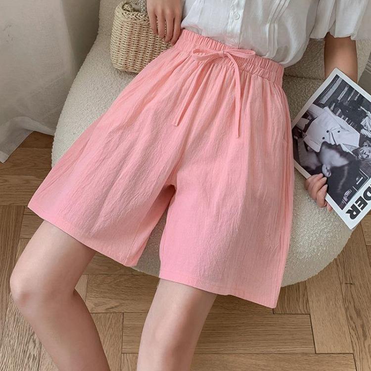 Women's Summer Casual Cotton Linen Shorts with Elastic Waist and Drawstring Comfortable Wide Leg Solid Color Beach Pants