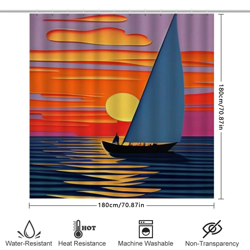Modern Style Sunset Sailboat Bath Shower Curtain Waterproof Fabric Decorative Door Hanging Home Decoration