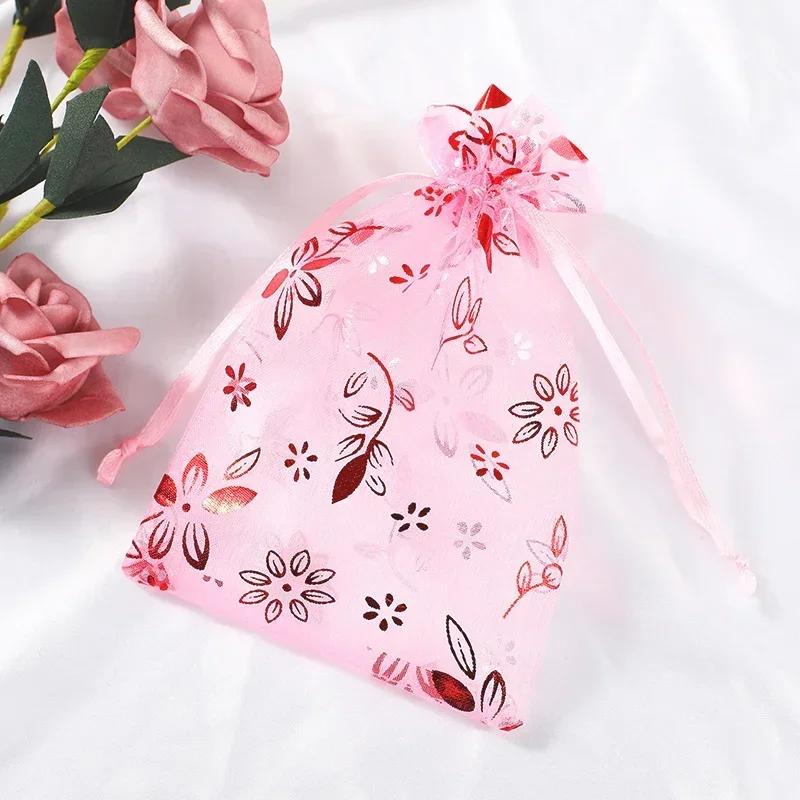50piece Gold Stamp Rose Pattern Gauze Bag Colorful Pull Rope Self Sealing Storage Bags Candy Gift Accessory Package Jewelry Pouc