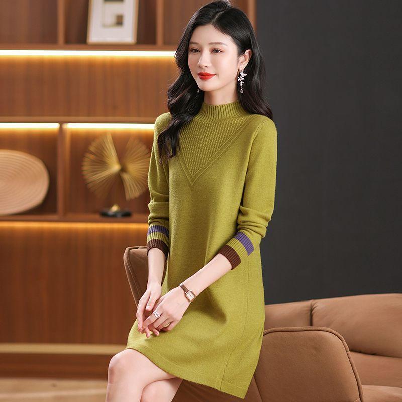 Mid-length Knitted Sweater Women's Fashion Solid Color Loose Large-sized Sweater Autumn and Winter Casual Half Turtleneck Pullover