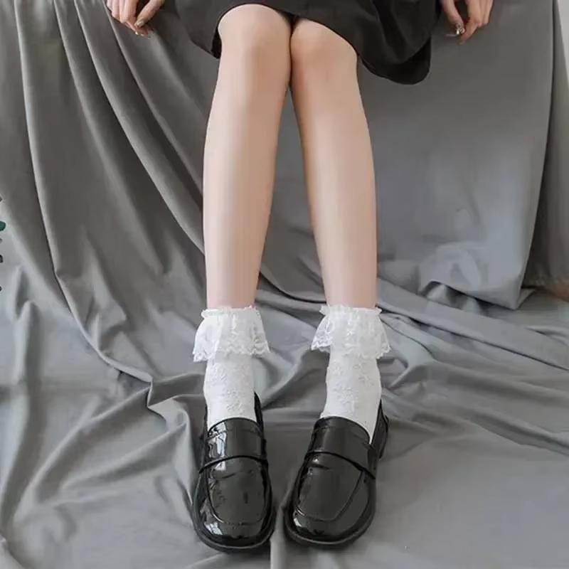 Mid-tube Solid Lace Bow Ruffle Socks Kawaii Lolita Short Socks Cotton Socks JK Japanese Lacework Stockings Women's Stockings