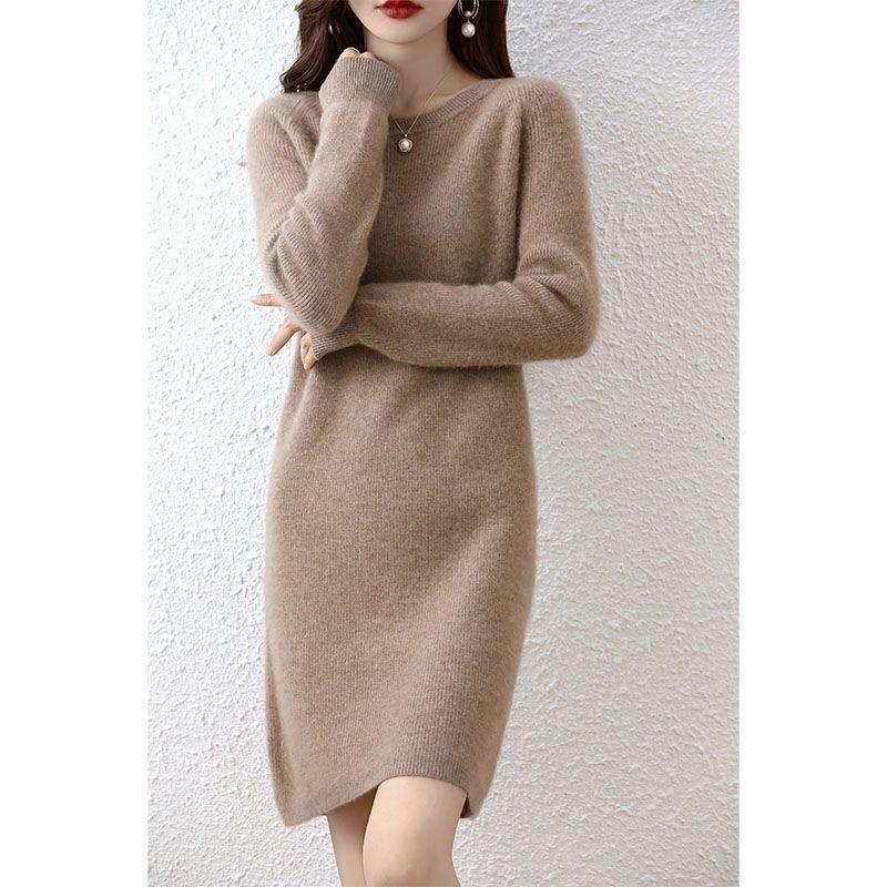 

Вязаное платье-свитер средней длины для женщин, осенне-зимнее, с длинным рукавом, свободный пуловер, универсальное и теплое, платье-свитер с круглым вырезом, трикотаж 2XL хаки