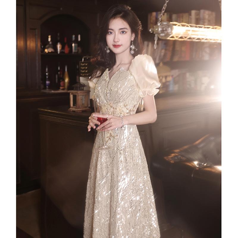 sequined evening dress dress female French long light luxury niche host banquet party shining evening dress