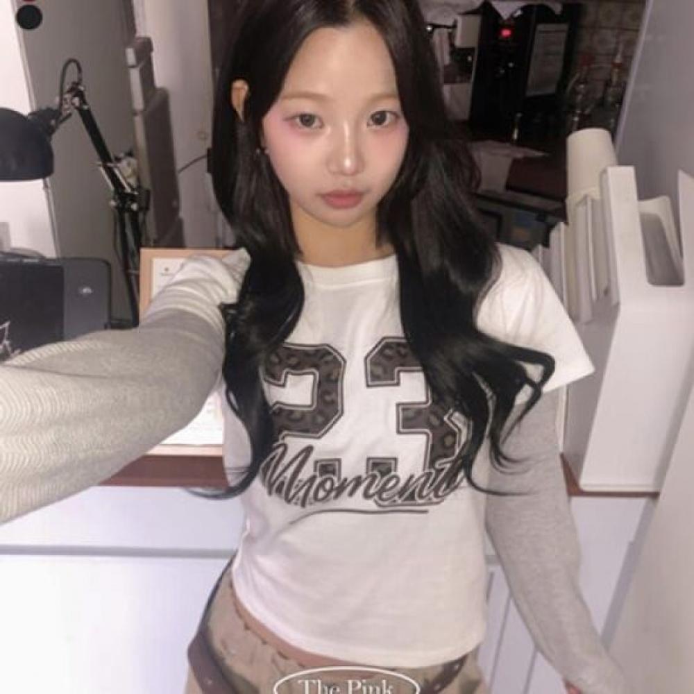 The Pink Women Ria Short Sleeve Layered Leopard Print Semi Crop Long Sleeve Tee