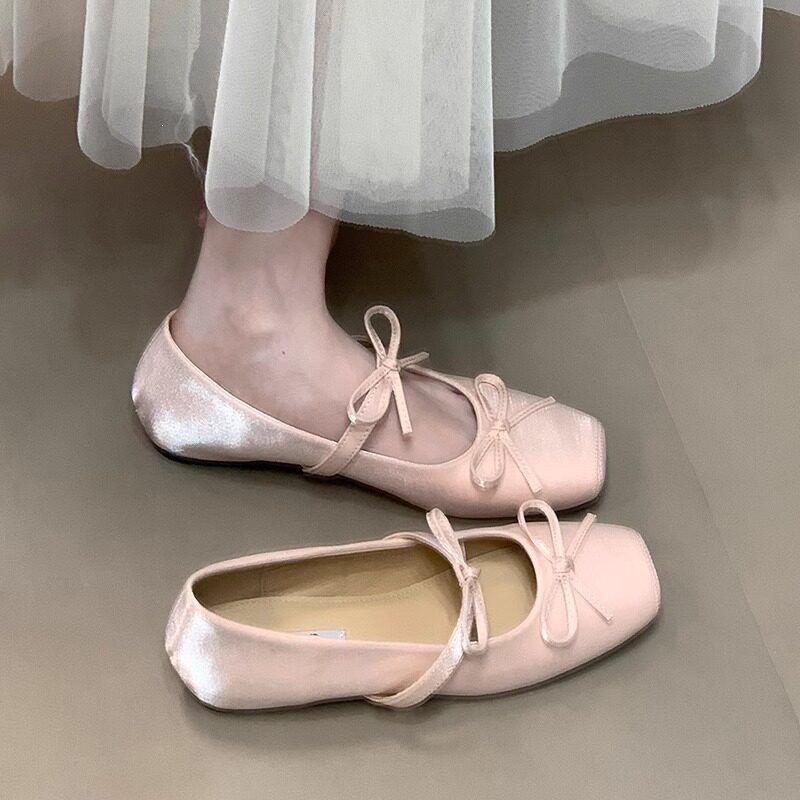 Inner height-increasing bow square head ballet shoes light mouth single shoes women's 2026 summer new fairy gentle Mary Jane shoes
