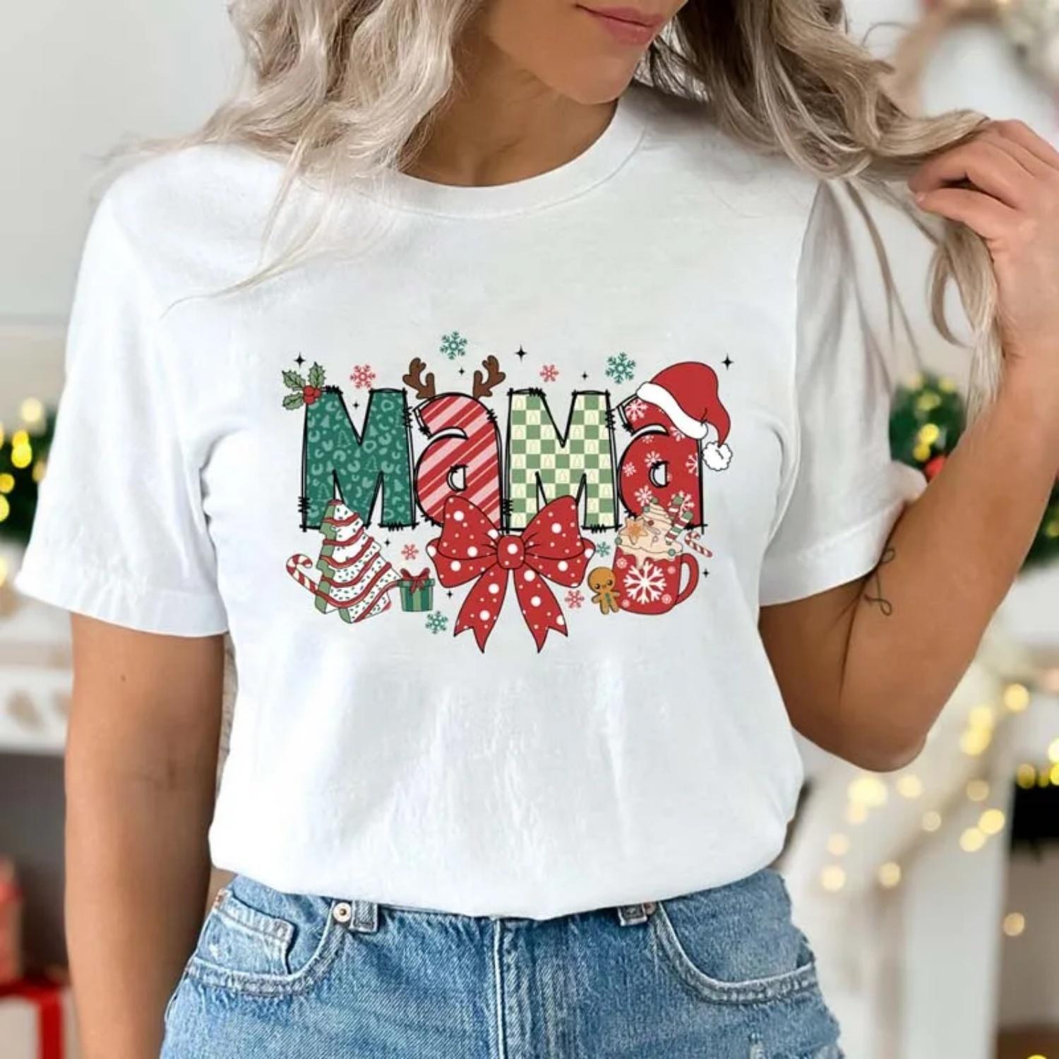 Coquette Christmas Mama T-Shirt Kawaii Mama Claus Family Gift Tshirt Retro Merry Xmas Winter Holiday Tee Shirt Top XXXXXL белый