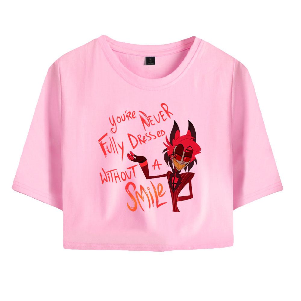 Sommermode Damen Sexy Hazbin Hotel Grafikdruck Kurzarm Crop Top Lustige T-Shirts Hipster Oansatz Coole Tops