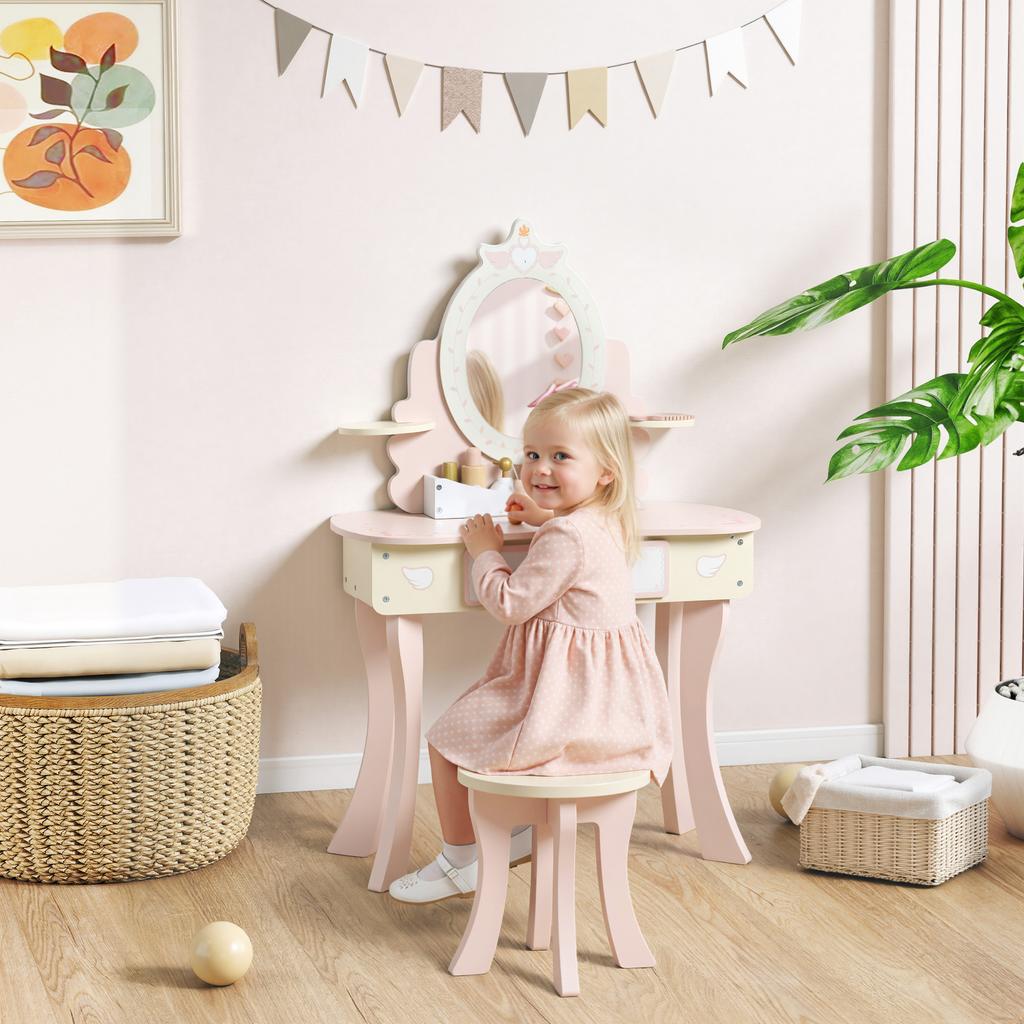 Kids Dressing Table, Girls Vanity Set with Mirror and Stool, 7 Play Accessories, Drawer, Desktop Storage, Pink