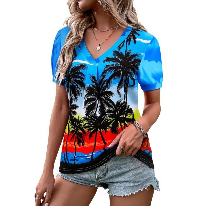 Women's T-Shirt Coconut Tree Pattern 3d Printing Fashion Casual V-Neck Short-Sleeved Beach Style Outdoor Women's Clothing