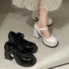Fashion Pearl Black British High Heel Small Leather Shoes Women's Tall Mary Jane Single Shoes