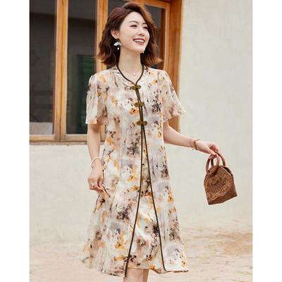 Abito estivo da donna Passte in chiffon stampato stile cinese, linea ad A