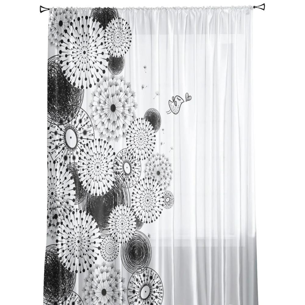 Dandelion Flower Black White Tulle Window Curtains Living Room Silk-like Fabric Yarn Sheer Voile Curtain Bedroom Cooking Area Home Decor Drape