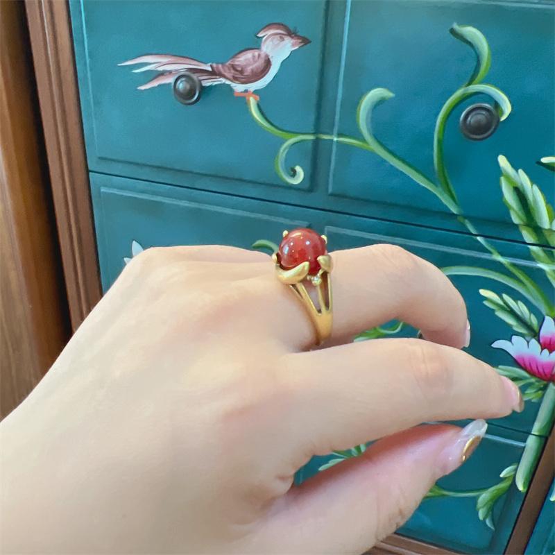 Vintage Rings Red Natural Stones for Woman Round Shape Luxury Antique Copper Hand Finger Jewelry Girls Fashion Items 2024 New In