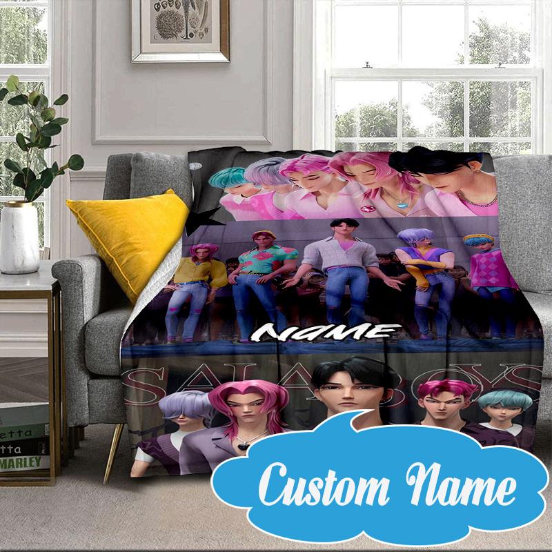 Custom Name KPop Cartoon Blanket Bed Sofa Blanket Flannel Blanket for Camping, Hiking, Picnic Essentials,gift for Fan Family