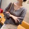 Blusa da donna a maniche a tre quarti lavorata all'uncinetto con scollo a V, maglia traforata, sottile, primaverile, ampia, a pipistrello, top corto