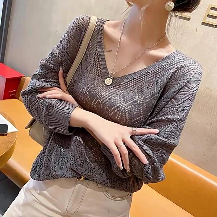 Blusa da donna a maniche a tre quarti lavorata all'uncinetto con scollo a V, maglia traforata, sottile, primaverile, ampia, a pipistrello, top corto