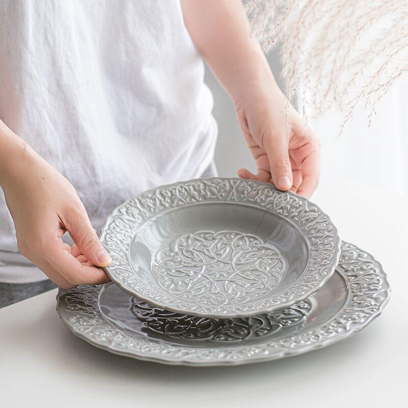 Piatto in ceramica grigia vintage, stile europeo, piatti per cibo occidentale, piatti da portata, piatti per dolci, arte per la casa, stoviglie
