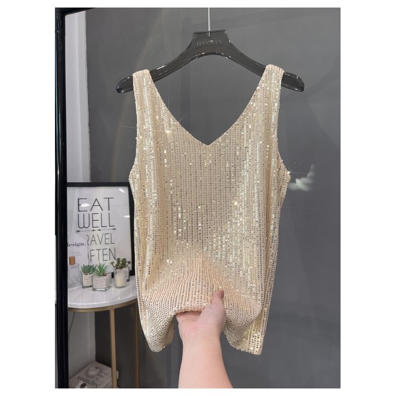 

2024 Новое поступление Модный жилет с пайетками с V-образным вырезом Внутренний базовый топ для костюма Верхняя одежда Сверкающие топы Champagne gold All yards