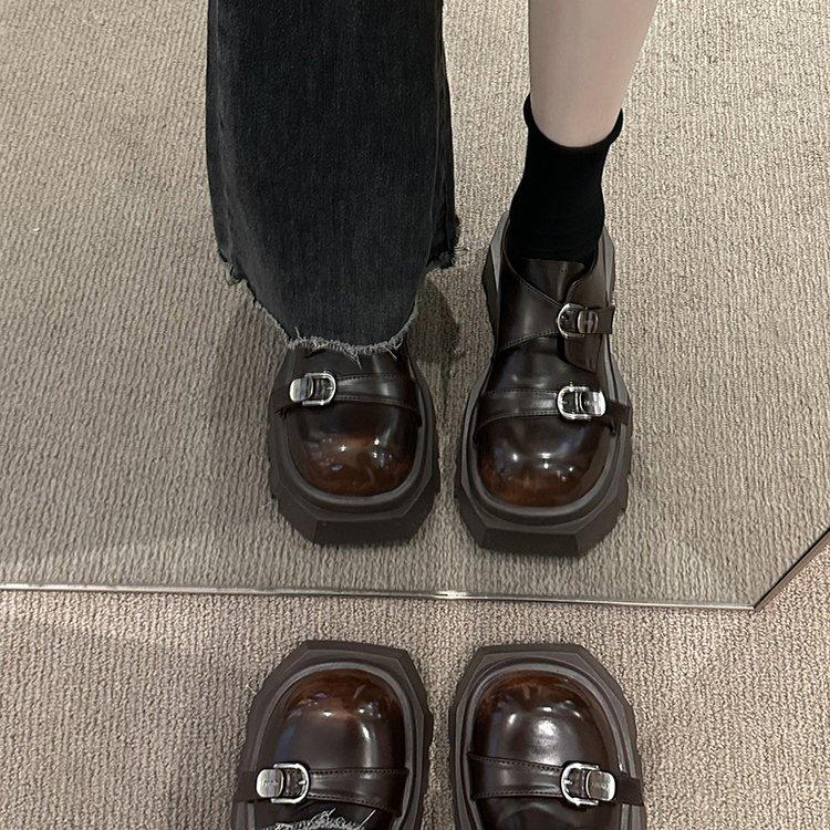 Amano leather thick-soled Amiu double buckle with round head British style single thick-soled loafer small leather shoes single shoes women