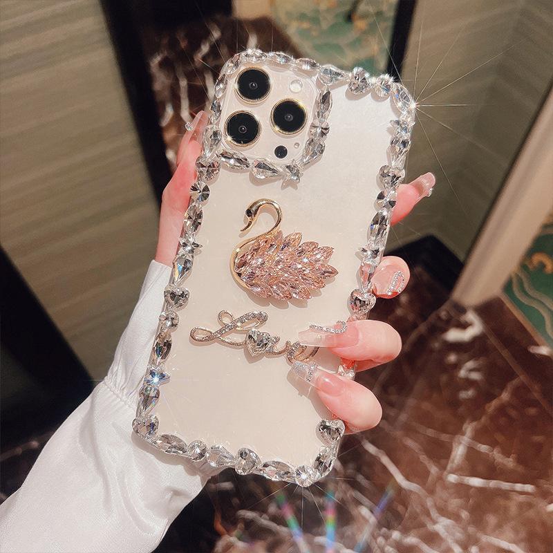 For Apple 16 Mobile Phone Case for IPhone15 Rhinestone 14 Swan Xsmax Letters XR Transparent Acrylic Ins
