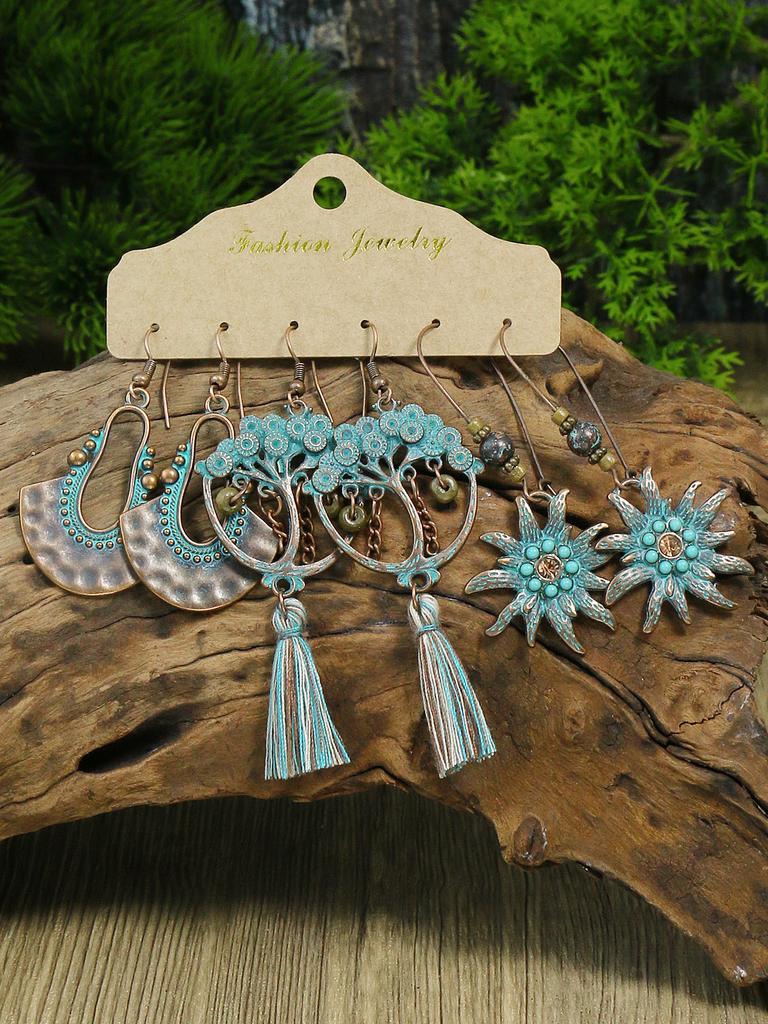 Vintage Bohemian Blue Stone Beads Dropped Earrings for Women's Tassel Ethnic Geometry Long Tassel Earrings Fashion Zircon