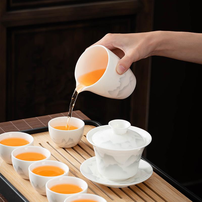 Ink Suet Jade Kung Fu White Porcelain Set High-end Tea Set Household High-end Teapot