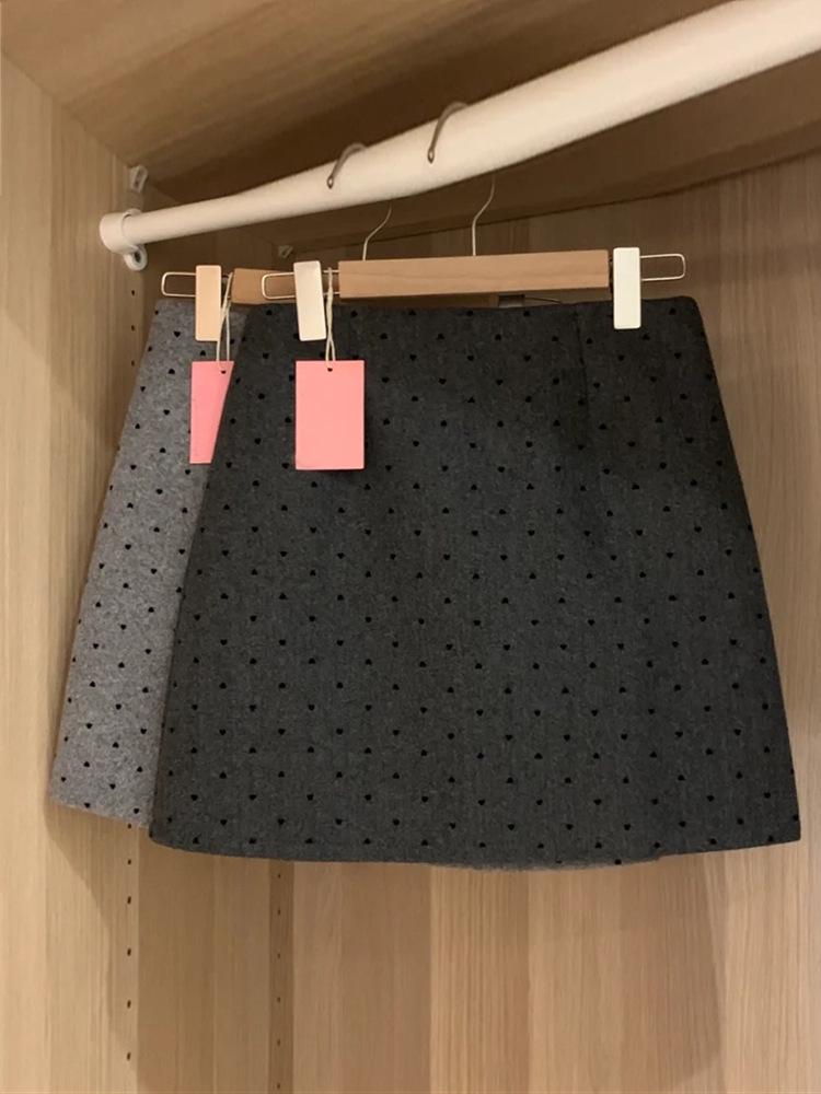 French Retro Grey Polka Dot Wool A-line Skirt - Women’s Autumn/Winter High Waist Hip-hugging Short Skirt