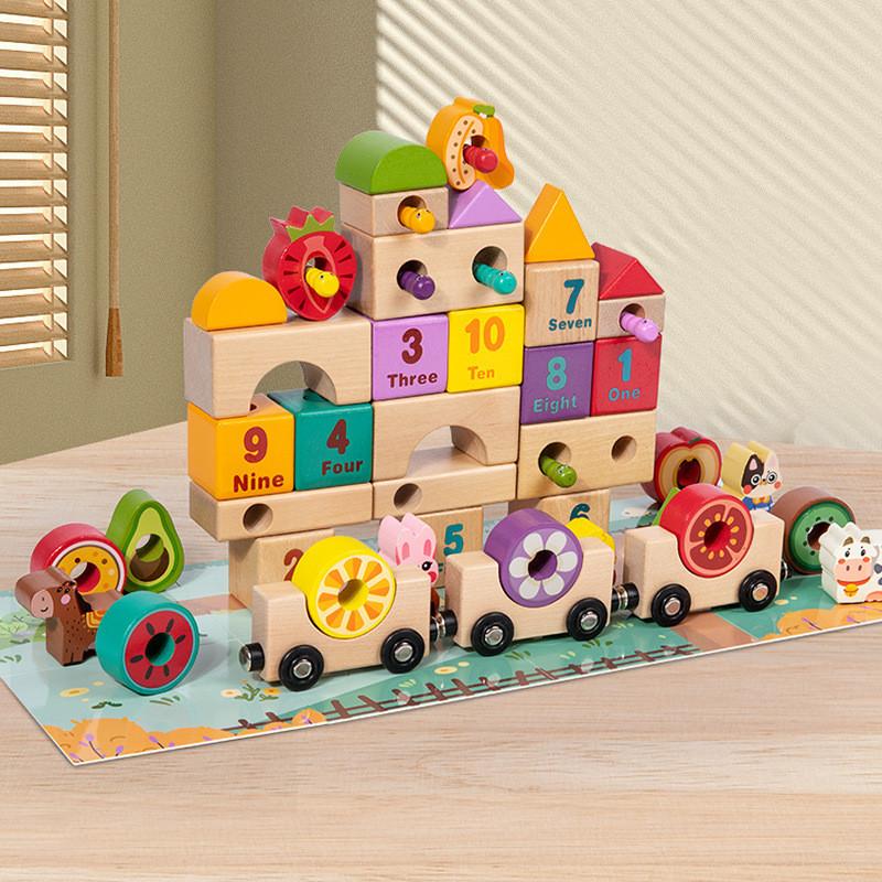 Fruit Wooden Educational Train Building Blocks For Digital English Toy Cognition