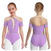 Kids Figure Skating Wear Short Sleeve Leotard Cutout Back Sheer Mesh Patchwork Shiny Rhinestones
