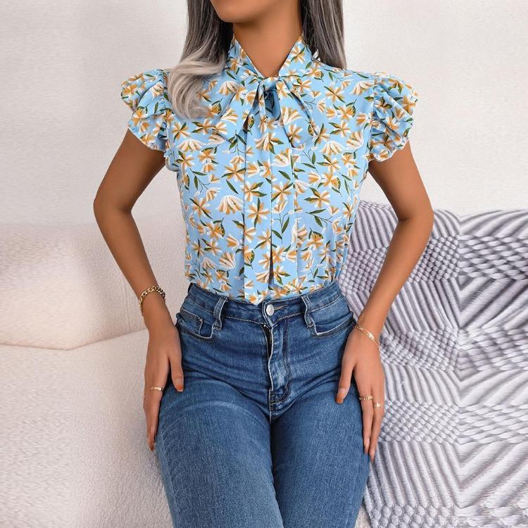 Damen Sommer Chiffon Bluse Floral Schnürung Schleife Holzohr Hemd