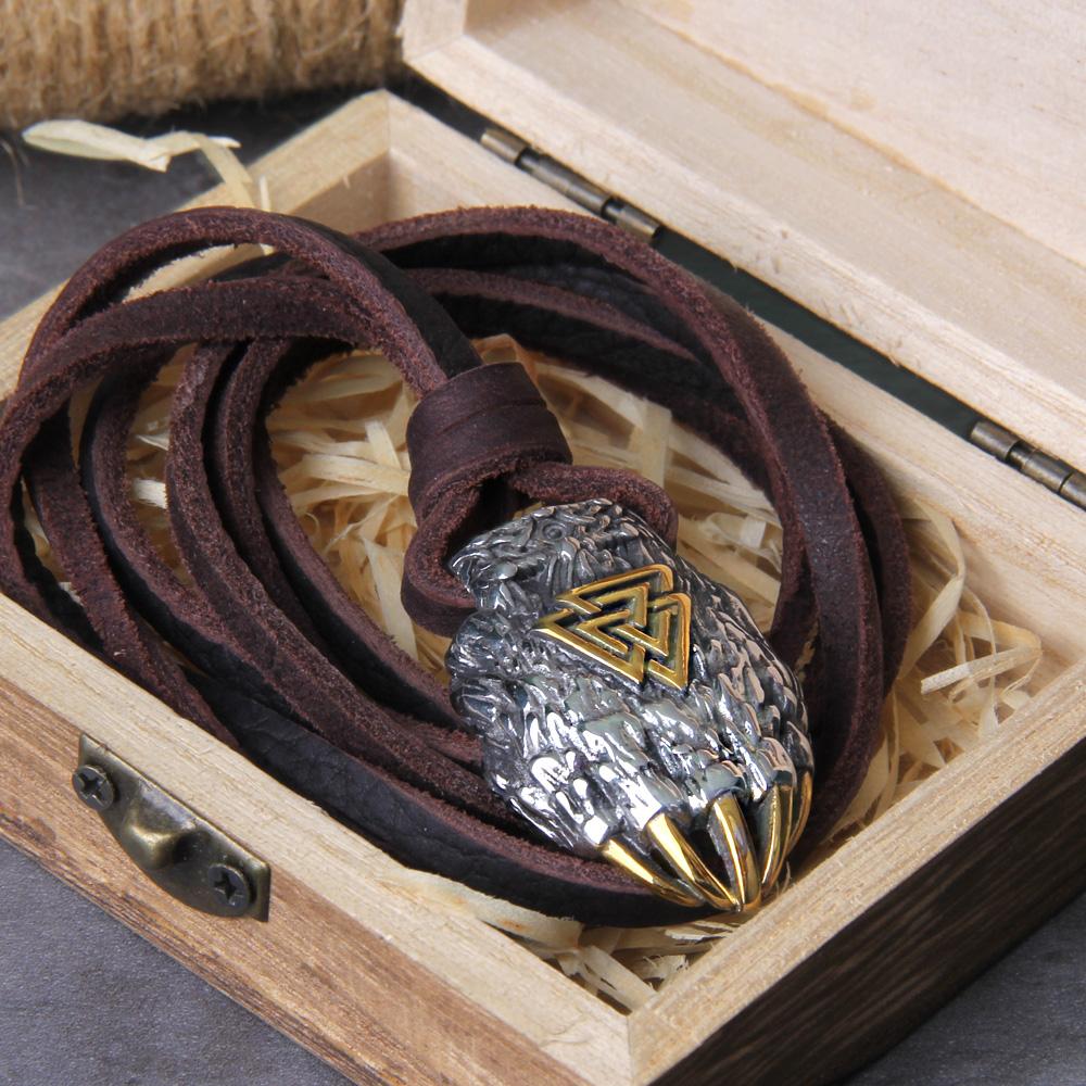 Nordic Viking Bear Claw Valknut Necklace Stainless Steel Pendant with Wooden Box Mens Gift Vintage Jewelry