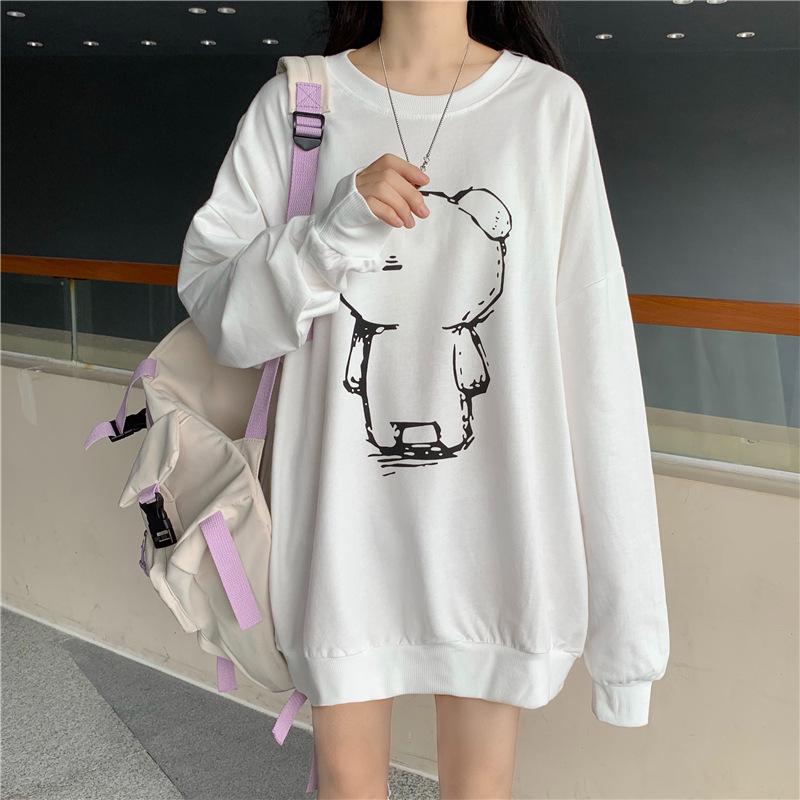 2026 Autumn Korean Style Loose Round Neck Cartoon Print Plus Size Women's Fleece Hoodie