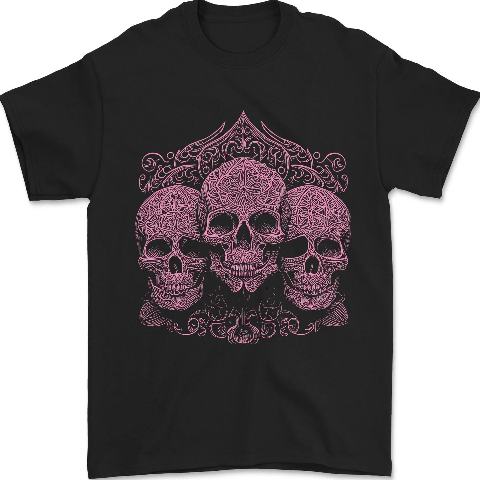 3 Ornate Pink Skulls Gothic Goth Mens T-Shirt 100% Cotton 4XL