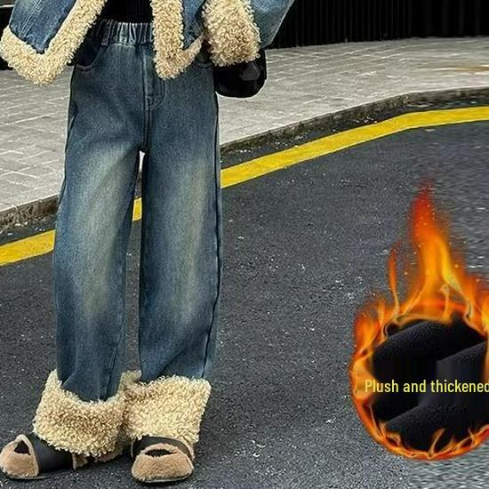 Girls' High-Quality Quilted Denim and Lamb Wool Winter Set - Fleece-Lined Jacket and Coat