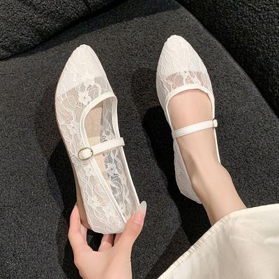 Sandale de vară pentru femei, cu gura mică, cu fund plat, respirabile, cu vârf, cu un singur pantof, din dantelă și plasă, cu bob, pantofi de vară