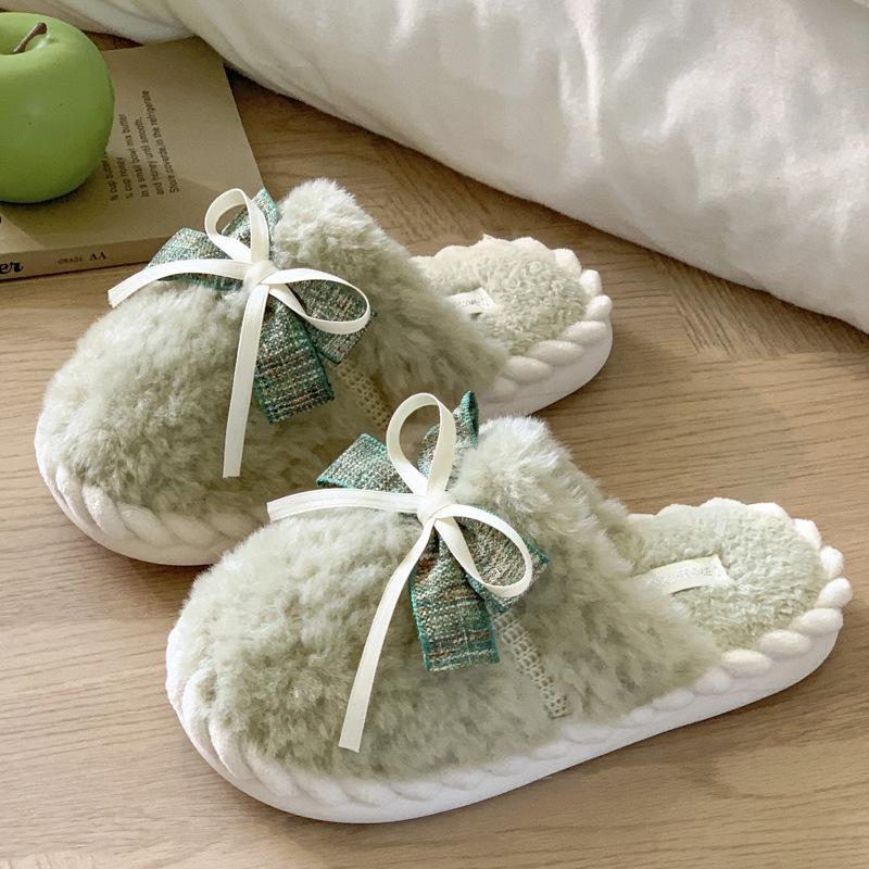 New Bow Cotton Slippers Winter Indoor Home Floor Slippers Non-slip Plush Bag Head Warm Shoes