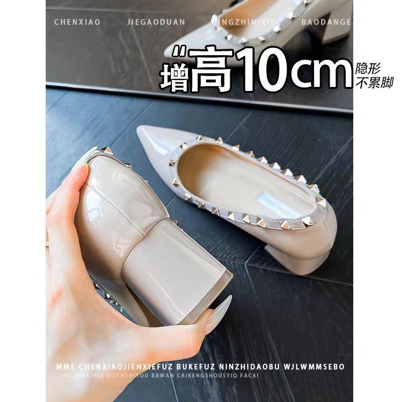 Fashion Inside Heightened Rivet 2025 Autumn New High Heels Shallow Block Heel Single Shoes for Women