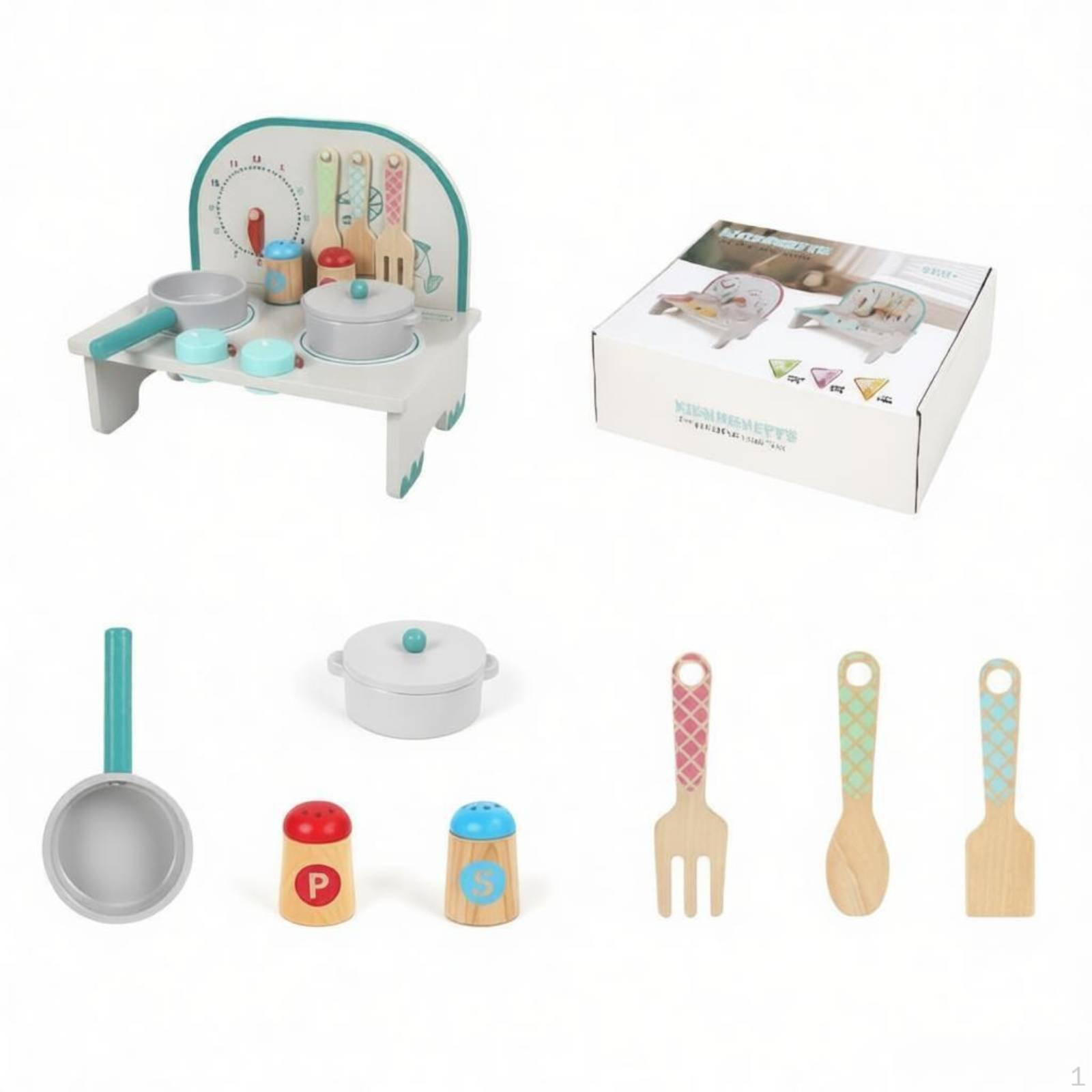 Wooden Culinary Playset Set Educational Pretend Cooking Realistic Simulation Toy Stovetop Small Blue