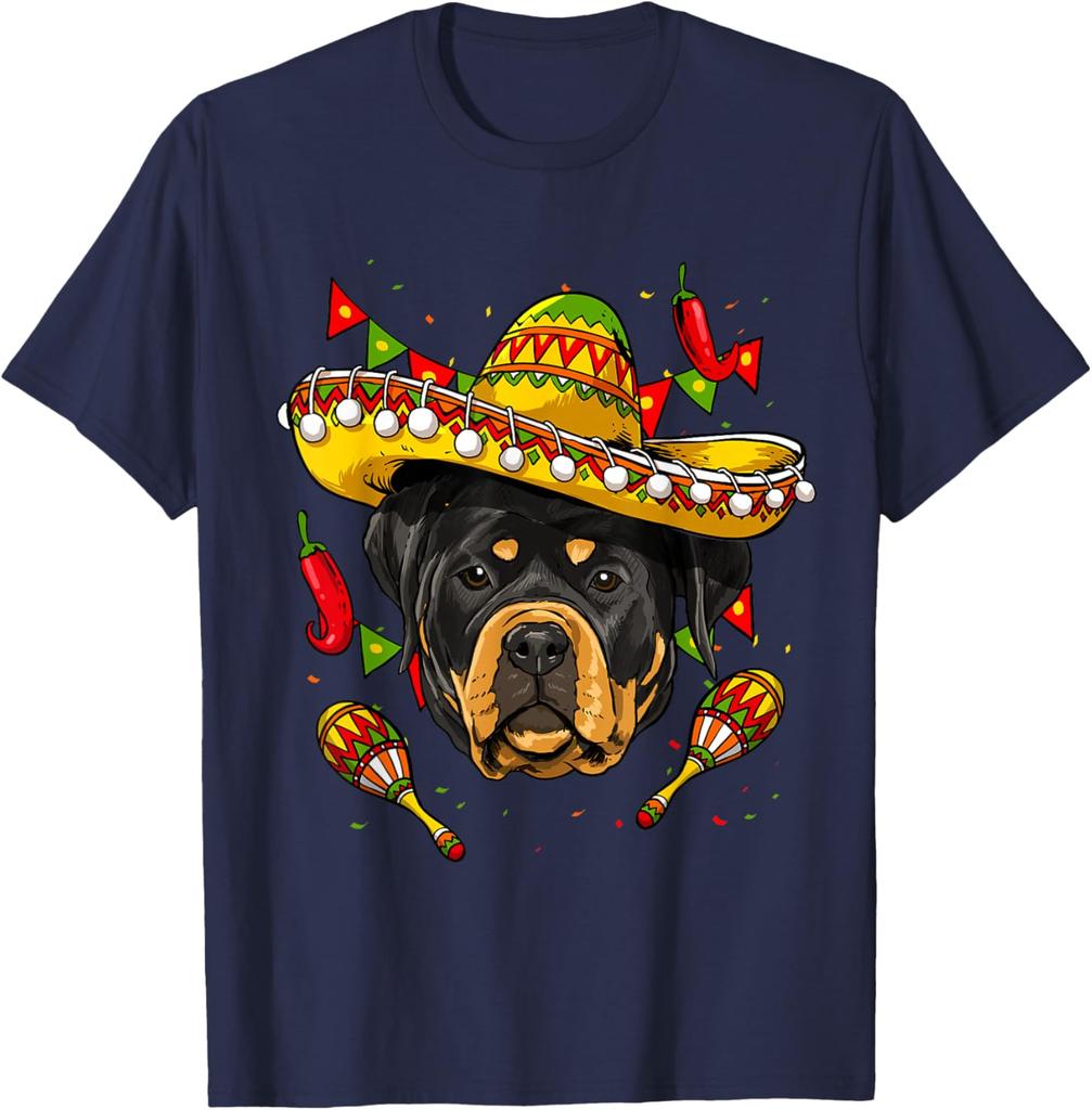 Cinco De Mayo Rottweiler Sombrero Dog Graphic Tee Casual Cotton Short Sleeve T-Shirt for Men Women